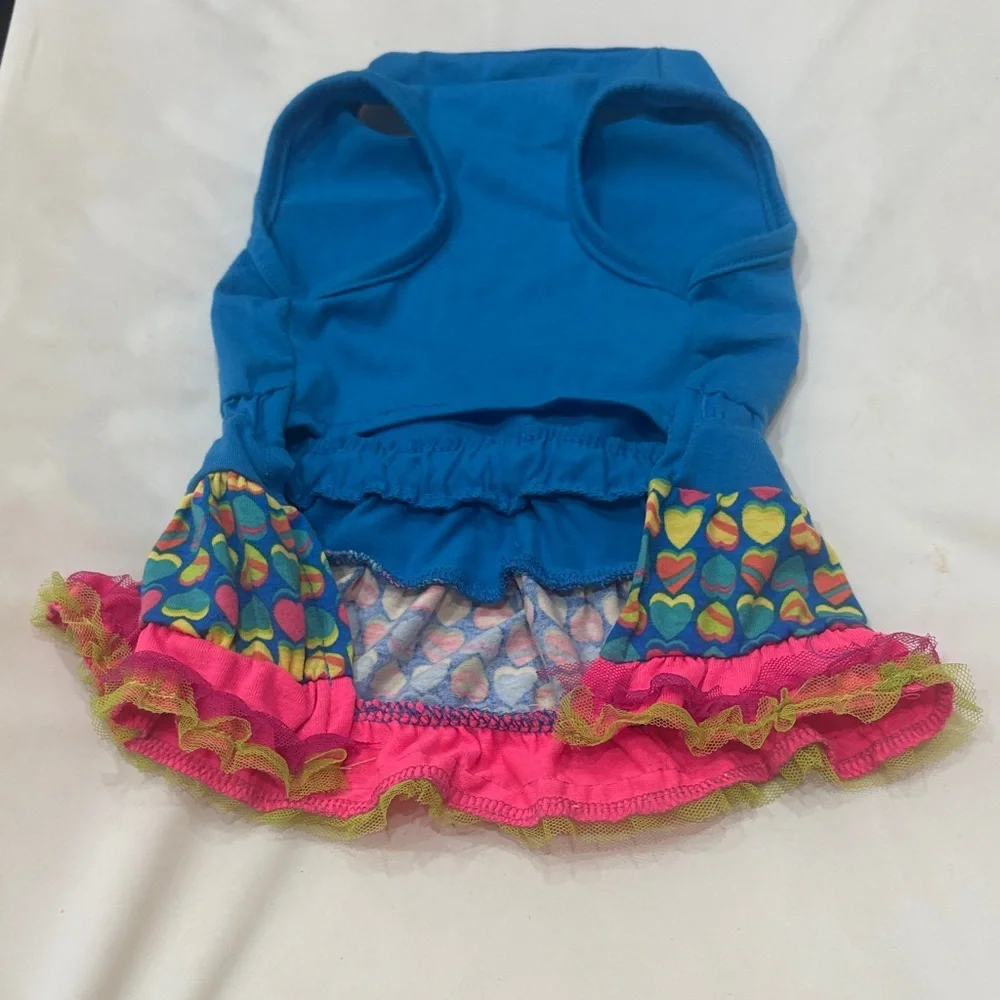 Blue Heart Ruffle Dog Dress with Pink Bow